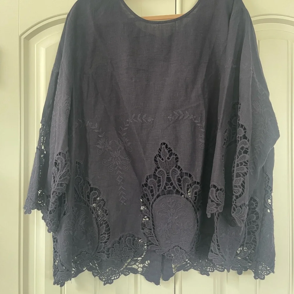 Cynthia Rowley Navy Top Battenberg Lace Edges 2X - Picture 2 of 8